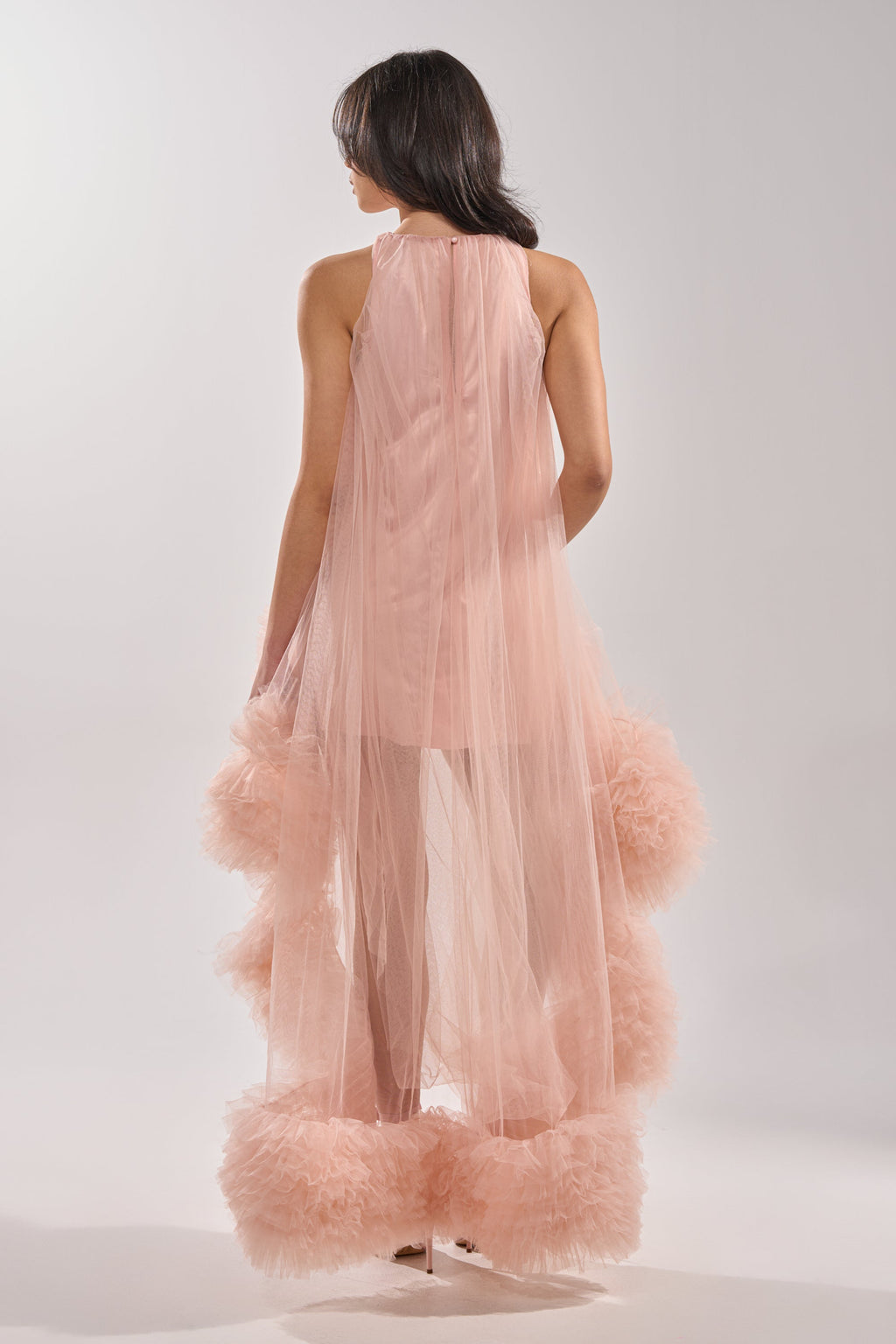 ARI TULLE RUFFLE HIGH LOW MINI DRESS IN BLUSH