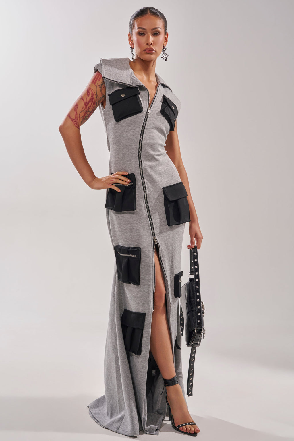 DON'T MESS WITH ME COLLARED MAXI DRESS IN GREY SCUBA