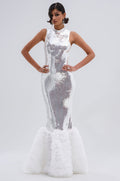 BELLE OF THE BALL SEQUIN RUFFLE MAXI DRESS IN WHITE
