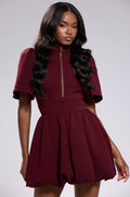 NAME OF THE GAME SHORT SLEEVE ZIPPERED MINI DRESS IN BURGUNDY