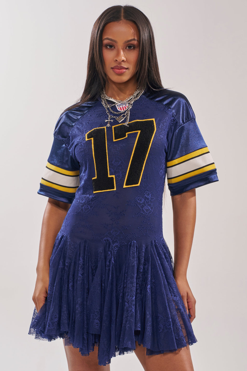VARSITY BLUES LACE MINI DRESS