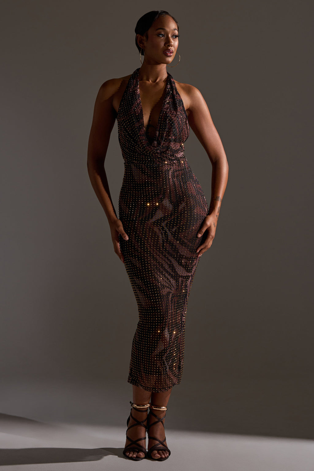 LENNON PRINTED MESH RHINESTONE MIDI DRESS