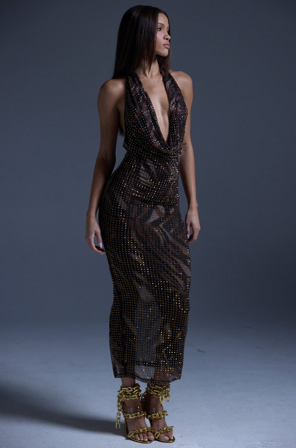 LENNON PRINTED MESH RHINESTONE MIDI DRESS
