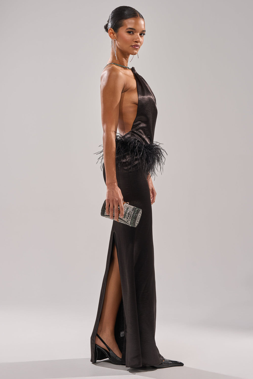 WHO IS SHE SATIN FEATHER MAXI DRESS IN BLACK