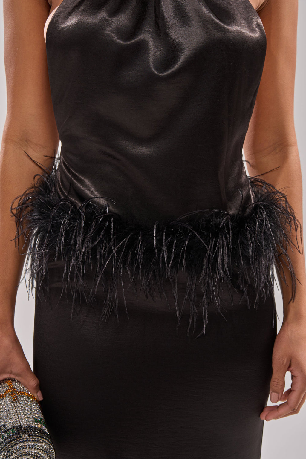 WHO IS SHE SATIN FEATHER MAXI DRESS IN BLACK
