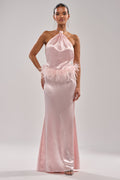 WHO IS SHE SATIN FEATHER MAXI DRESS