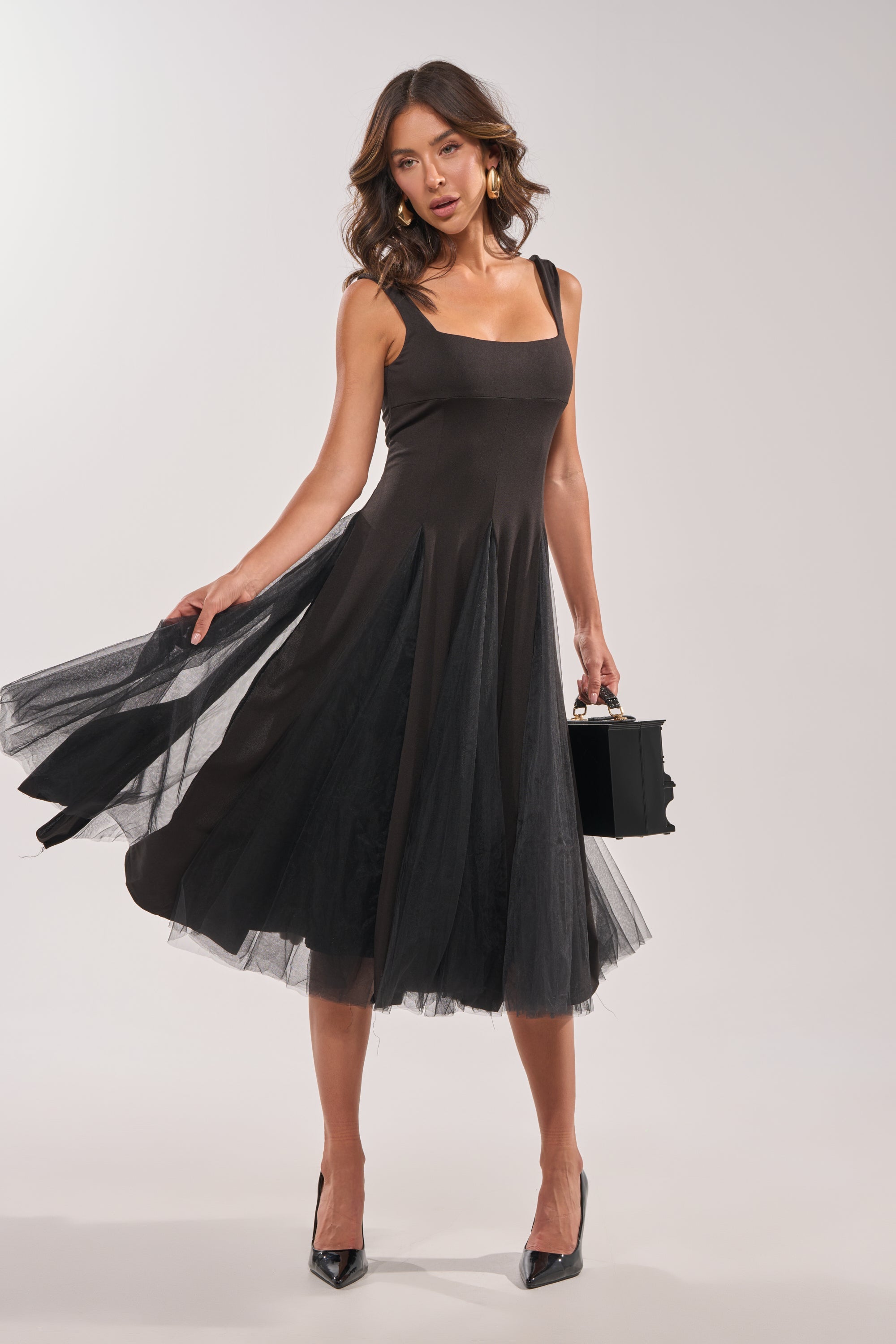 KNOW YOUR WORTH TULLE MIDI DRESS IN BLACK
