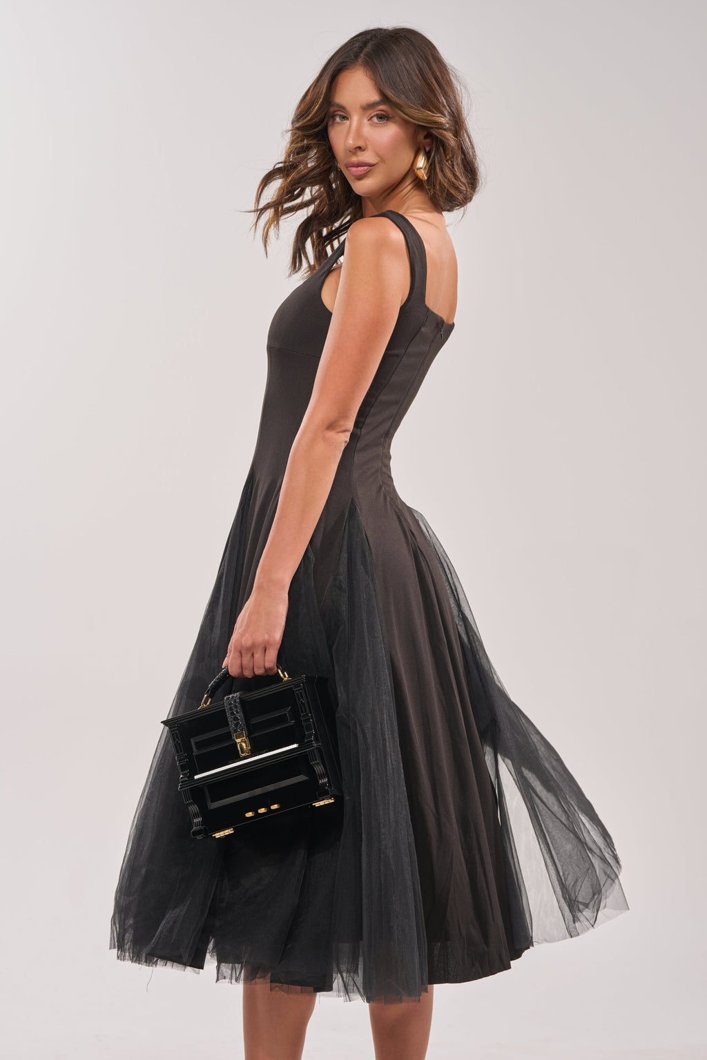 KNOW YOUR WORTH TULLE MIDI DRESS IN BLACK