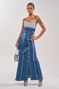 UP TO NO GOOD DISTRESSED DENIM MAXI DRESS
