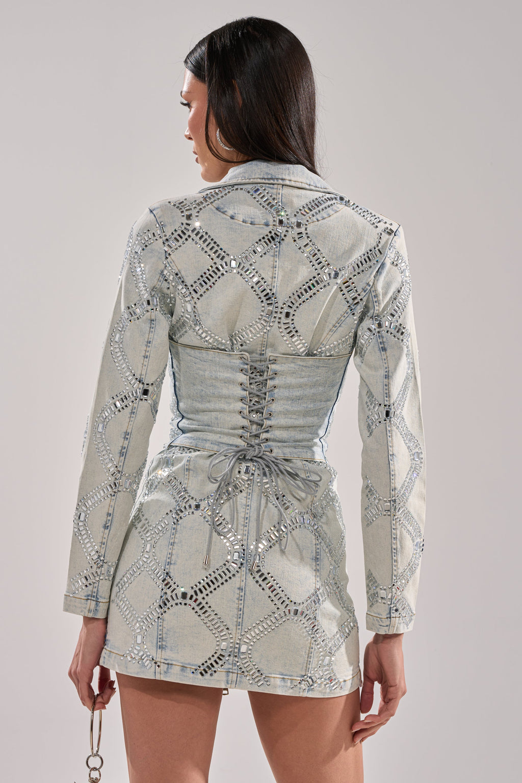 LOOK AT ME RHINESTONE BLAZER DRESS IN LIGHT BLUE DENIM