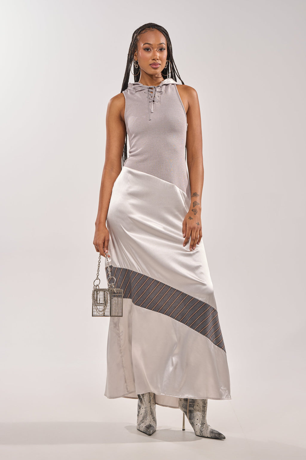 BONDI PATCHWORK HOODED MAXI DRESS IN GREY