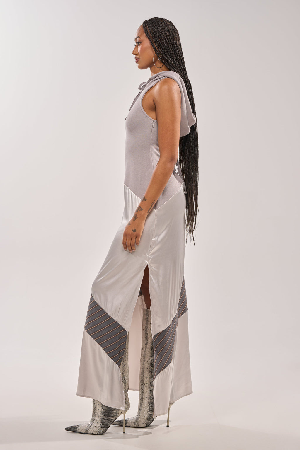 BONDI PATCHWORK HOODED MAXI DRESS IN GREY