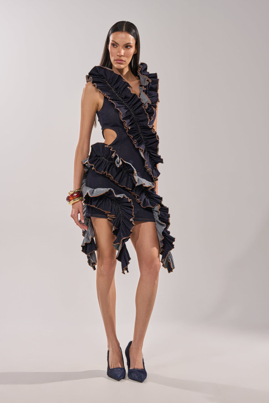 SAY IT AGAIN RUFFLED DENIM MINI DRESS IN DARK BLUE DENIM