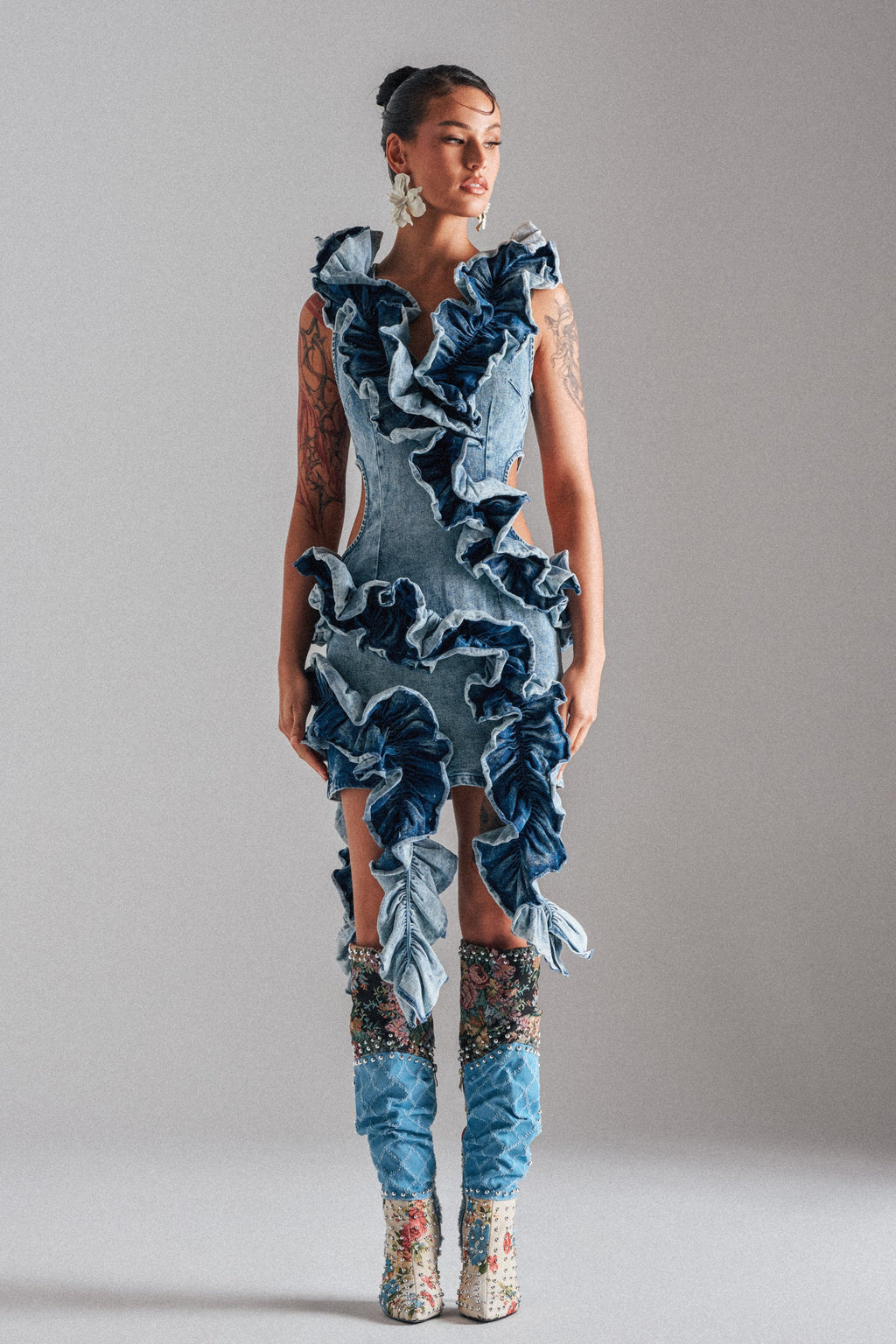 SAY IT AGAIN RUFFLED DENIM MINI DRESS