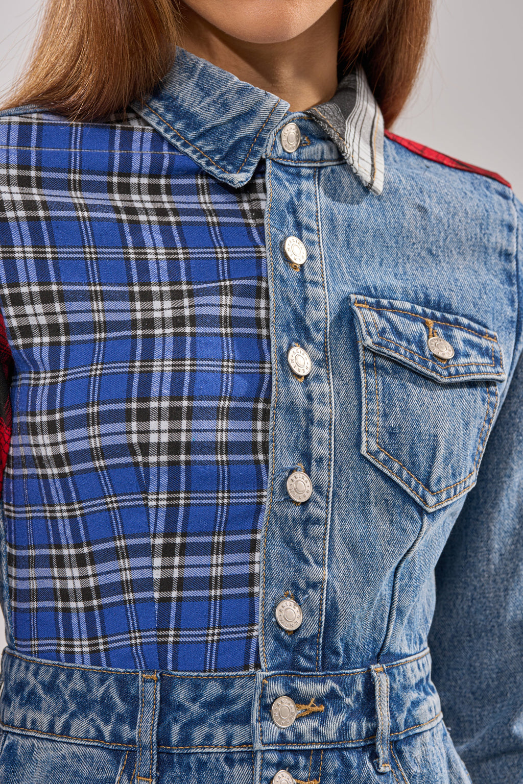 PATCHWORK PLAID DENIM MINI DRESS