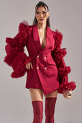 LIVING OVER THE TOP RUFFLE SLEEVE BLAZER MINI DRESS IN BURGUNDY