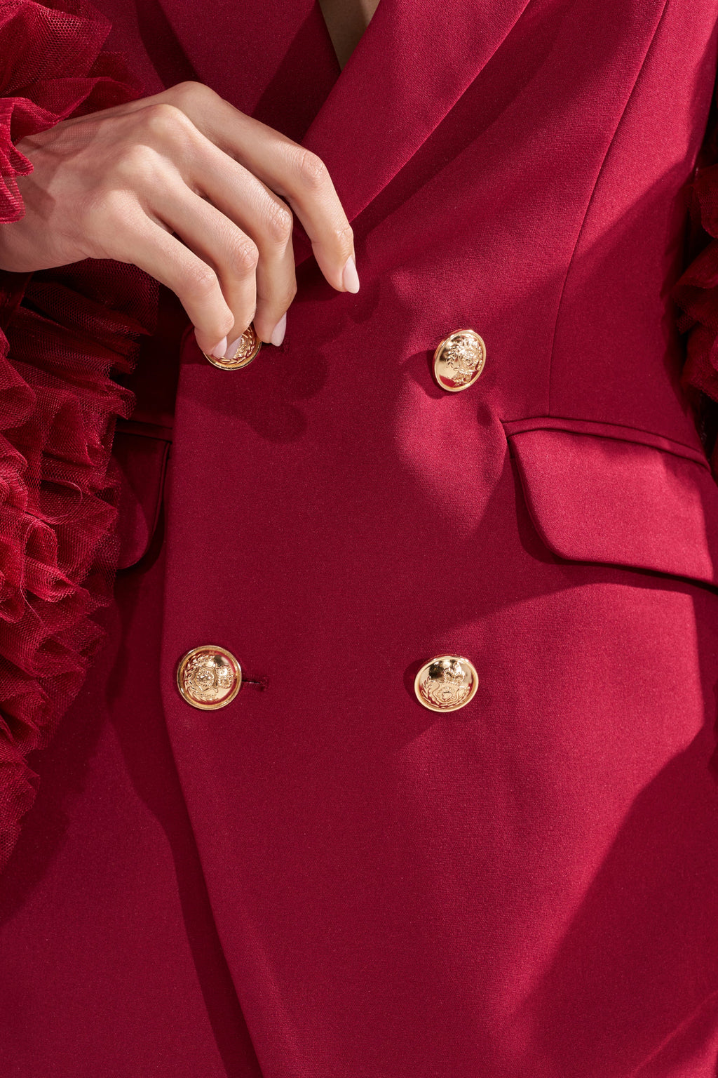 LIVING OVER THE TOP RUFFLE SLEEVE BLAZER MINI DRESS IN BURGUNDY