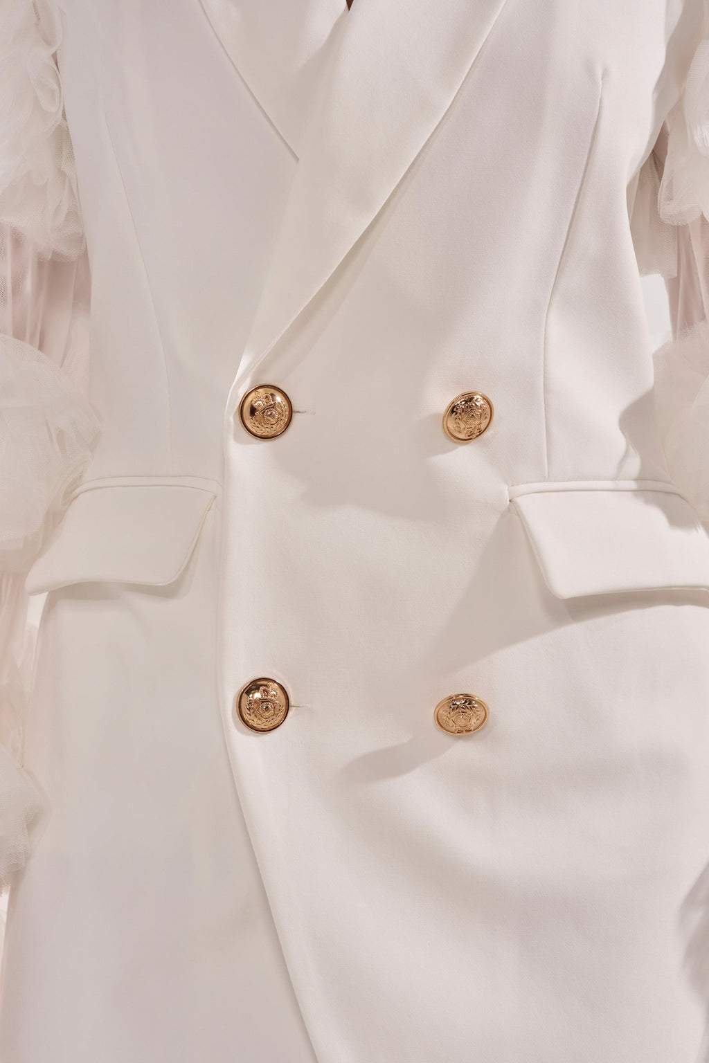 LIVING OVER THE TOP RUFFLE SLEEVE BLAZER MINI DRESS IN WHITE