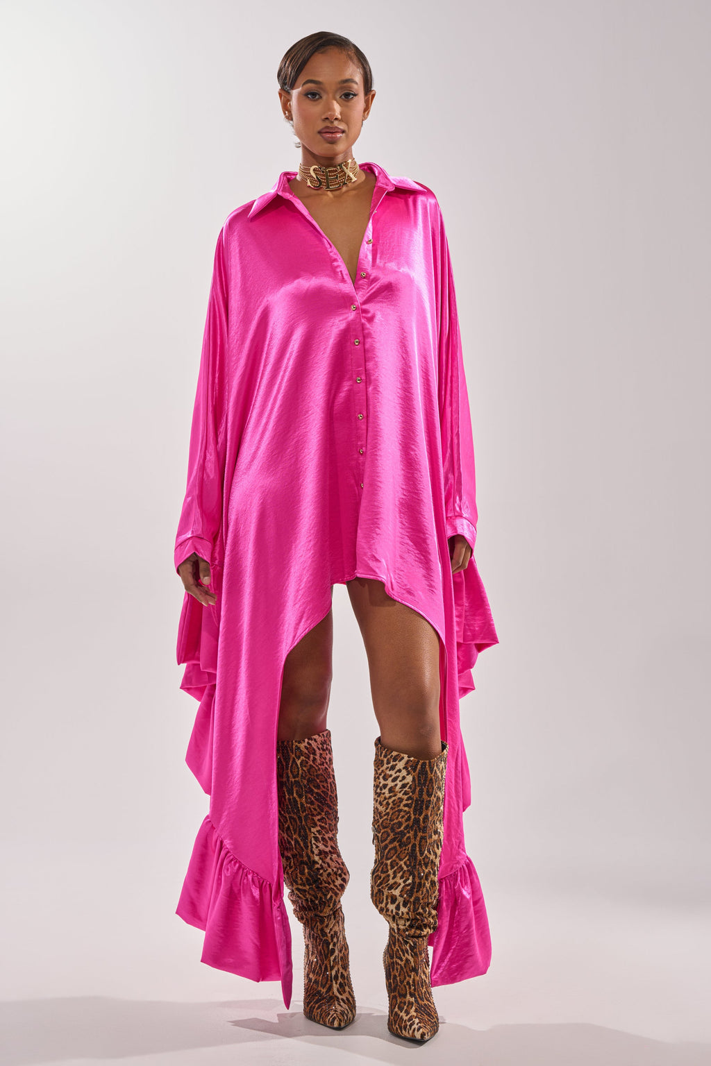 WONDERLUST SATIN LONG SLEEVE MINI DRESS IN PINK