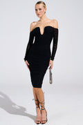 RENEE RUCHED OFF THE SHOULDER MIDI DRESS