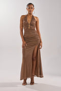 SERPENTI PLUNGE MAXI DRESS IN METALLIC BROWN