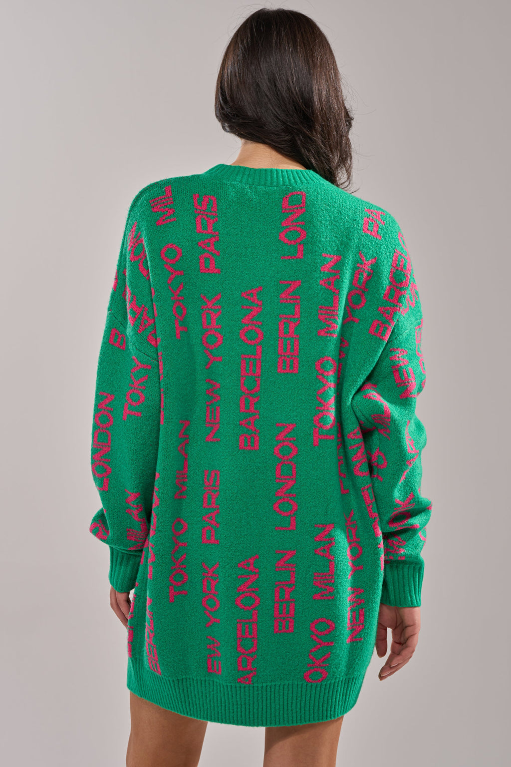 AROUND THE WORLD SWEATER MINI DRESS IN GREEN