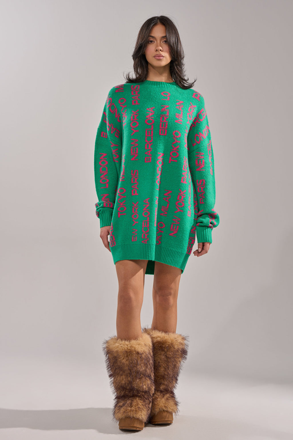 AROUND THE WORLD SWEATER MINI DRESS IN GREEN
