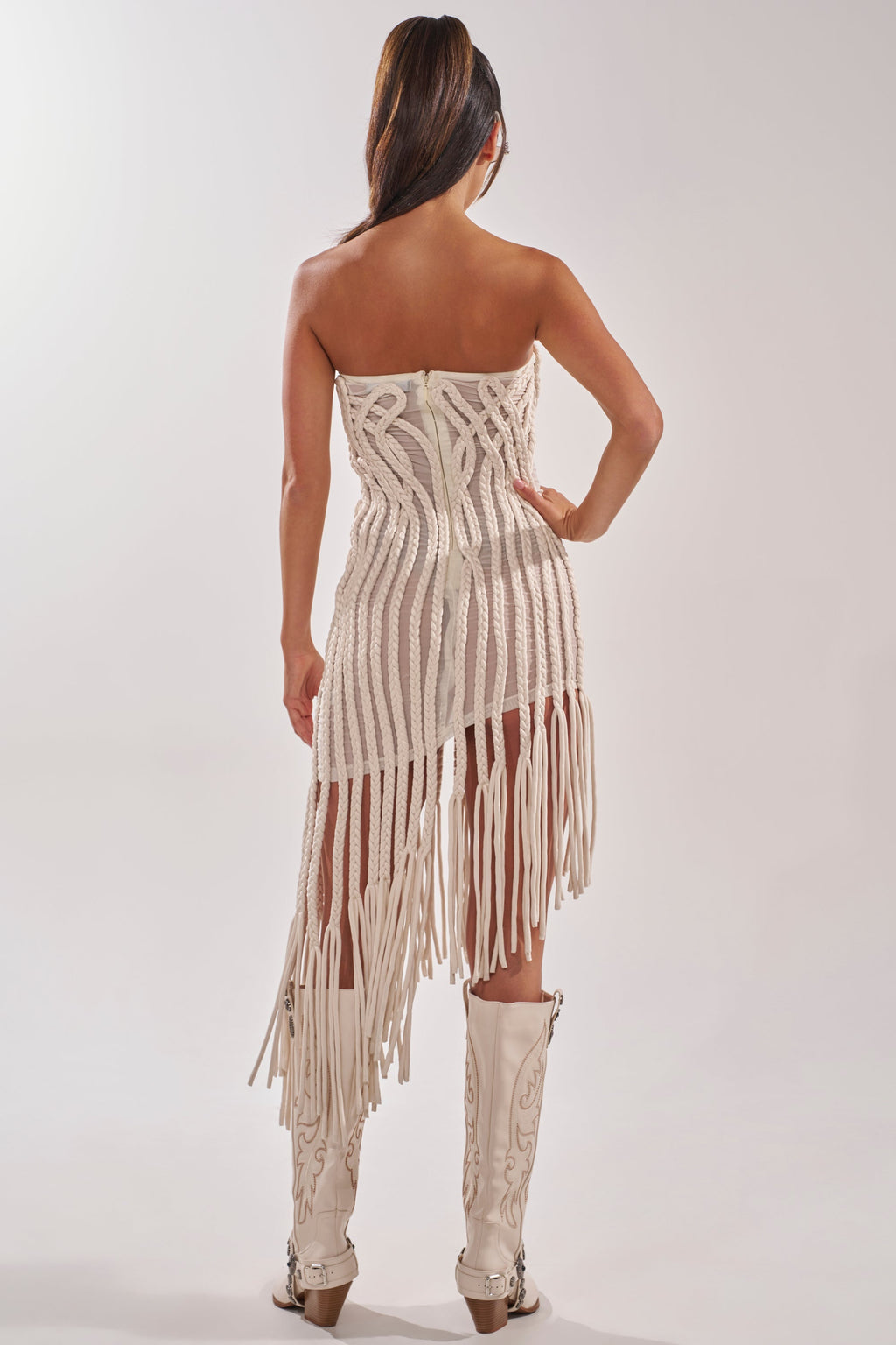 ALL OVER THE PLACE BRAIDED MIDI DRESS IN IVORY