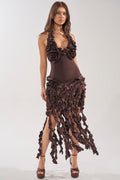 STANDING OVATION FLOCKED MAXI DRESS IN CHOCOLATE