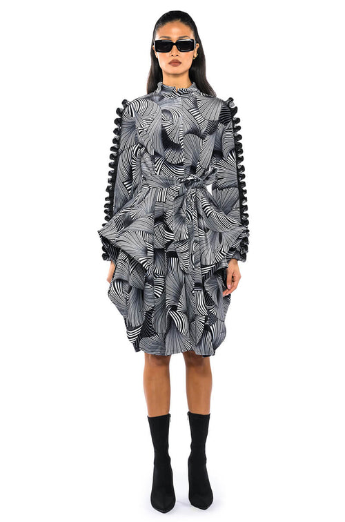 ABSTRACT PRINT BELTED LONG SLEEVE MINI DRESS