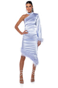 I LOVE IT FEATHER TRIM SATIN MIDI DRESS