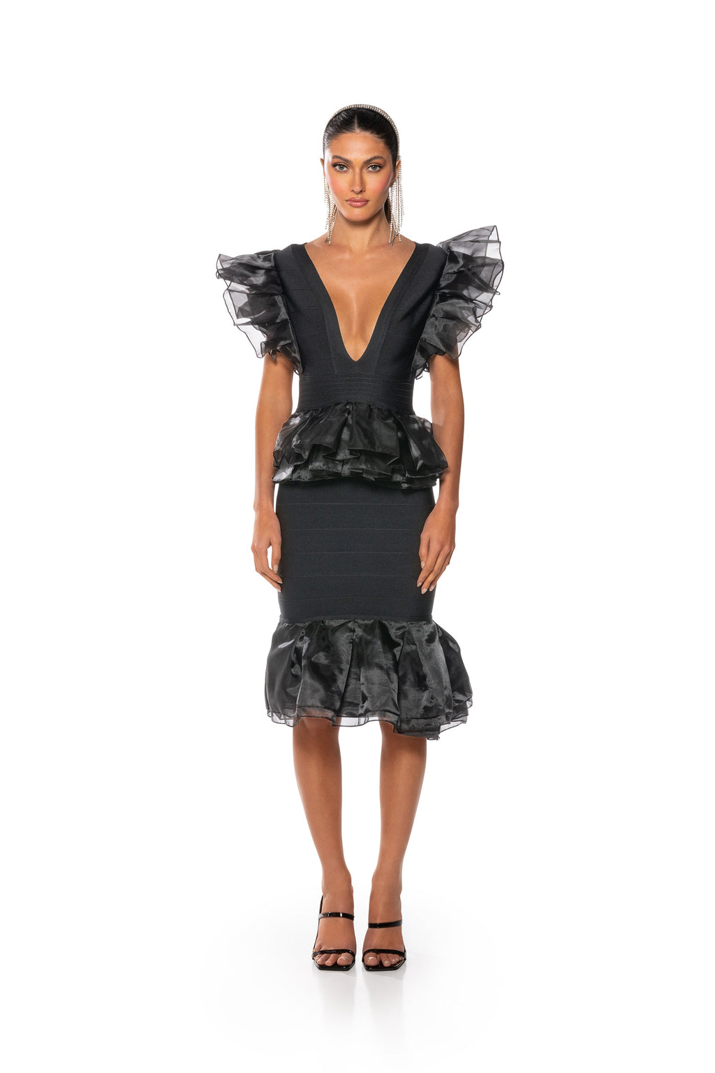 INTO THE NIGHT BLACK RUFFLE BANDAGE DRESS