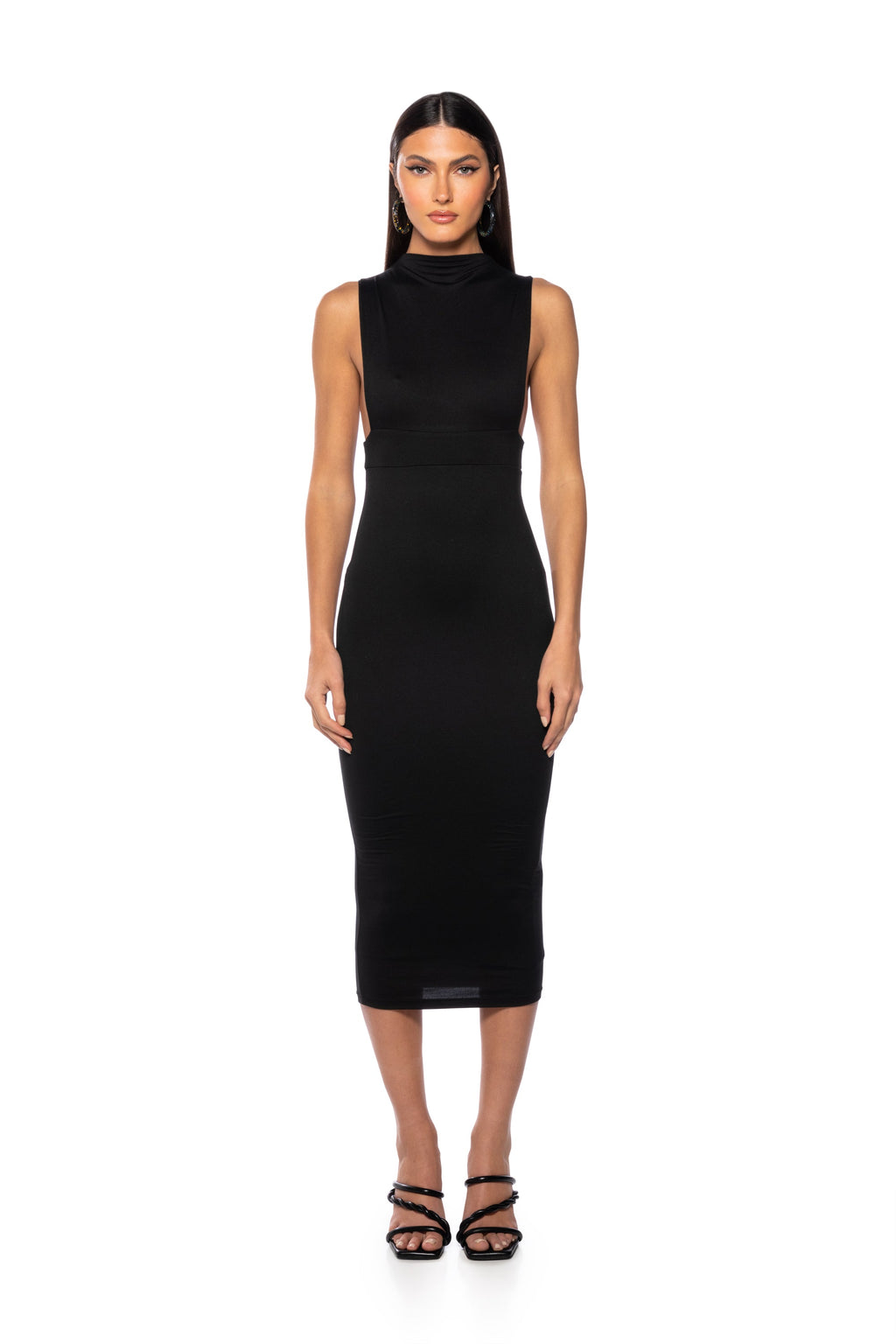 NICOLETTE SLEEVELESS MOCK NECK MIDI DRESS IN BLACK
