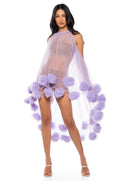 SONYA POM POM DETAIL HIGH LOW SHEER DRESS IN PURPLE